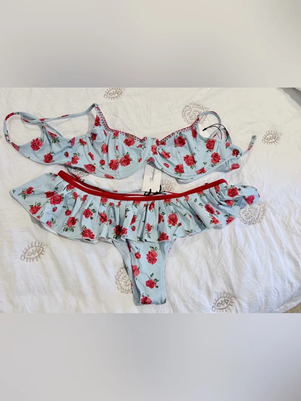 Frankie's Bikinis Baby Blue Rose Ruffle Bikini swim set size L NWT